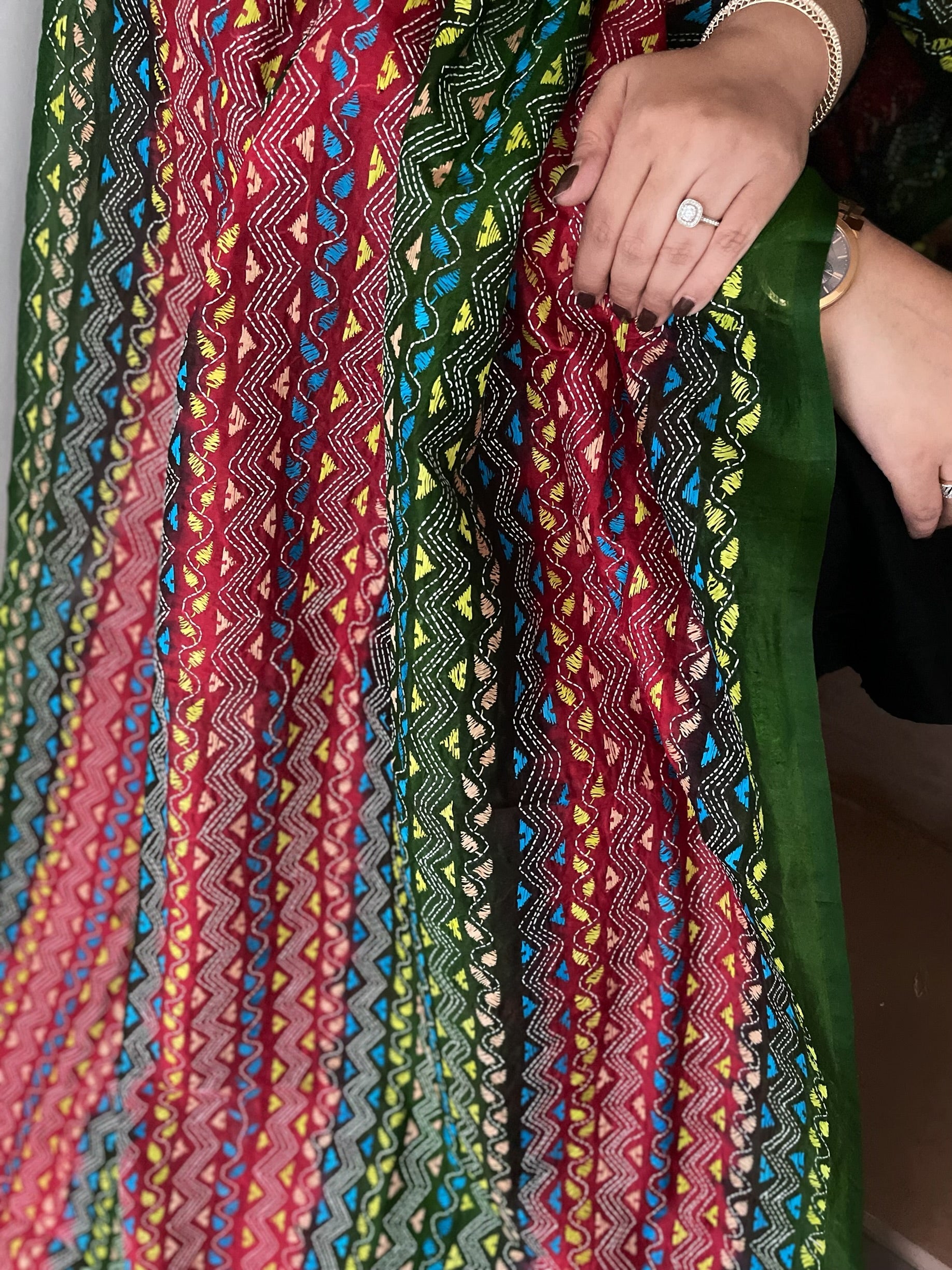 Green, Red Handmade Kantha Dupatta in Silk - Masakalee