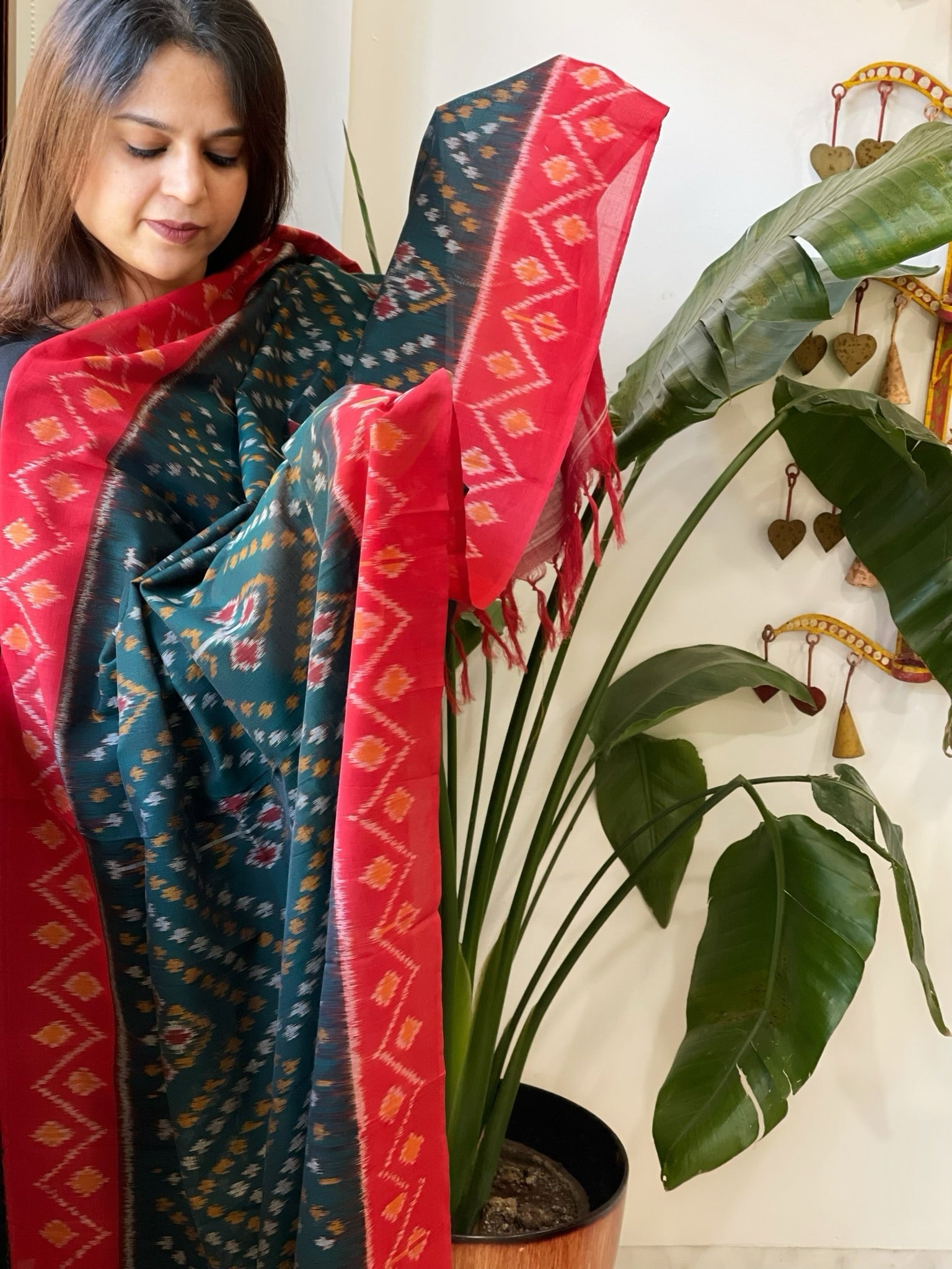 Green, Red Handwoven Ikat Dupatta in Cotton - Masakalee