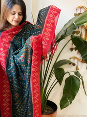 Green, Red Handwoven Ikat Dupatta in Cotton - Masakalee