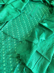 Green Suit Set with Hand Embroidery in Pure Tussar Silk - Masakalee