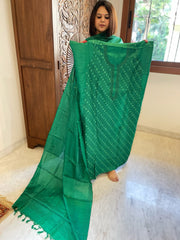 Green Suit Set with Hand Embroidery in Pure Tussar Silk - Masakalee