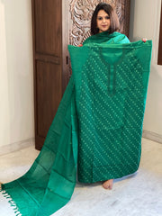 Green Suit Set with Hand Embroidery in Pure Tussar Silk - Masakalee
