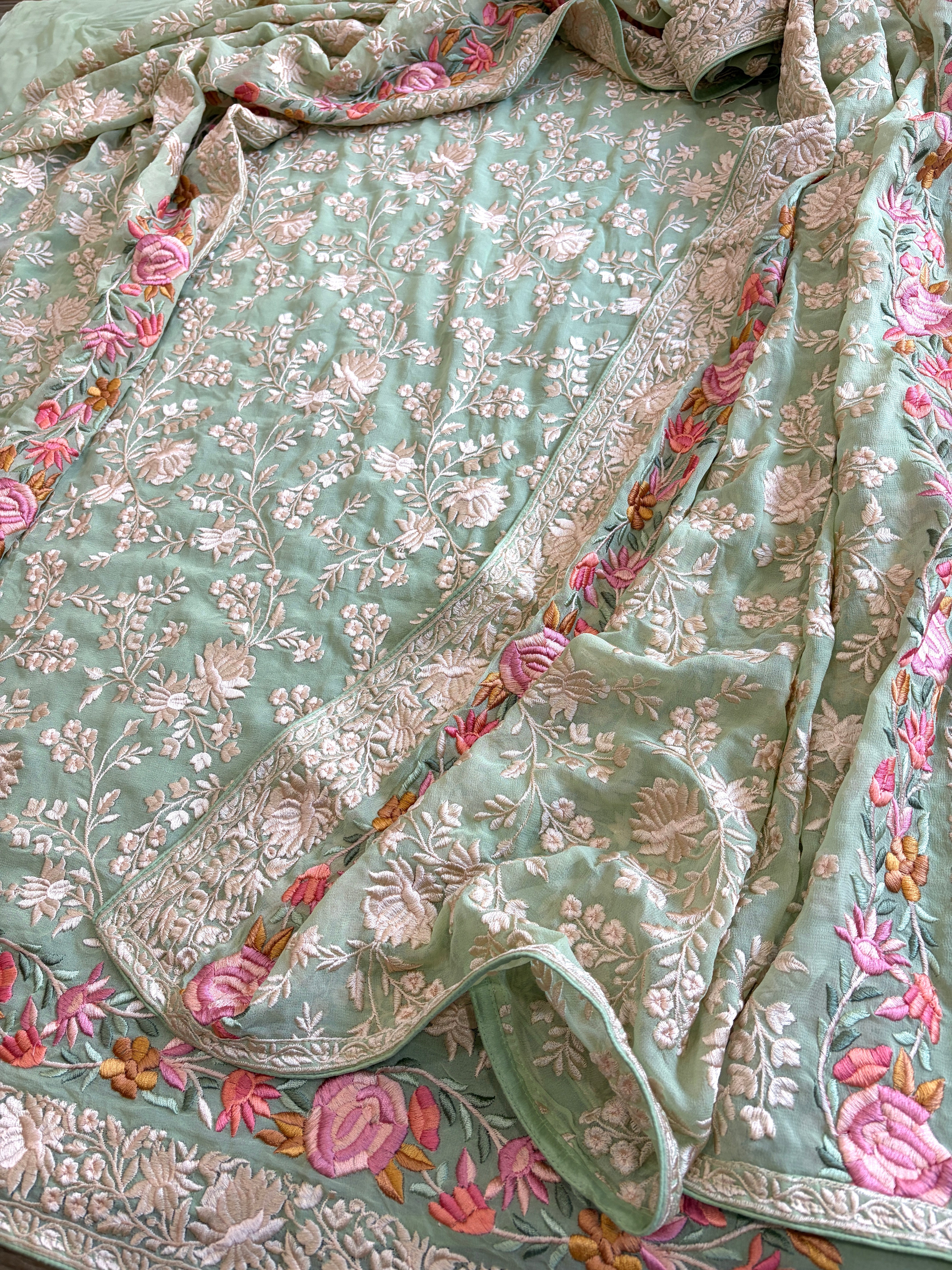 Green Suit Set with Parsi Gara Embroidery in Georgette - Masakalee