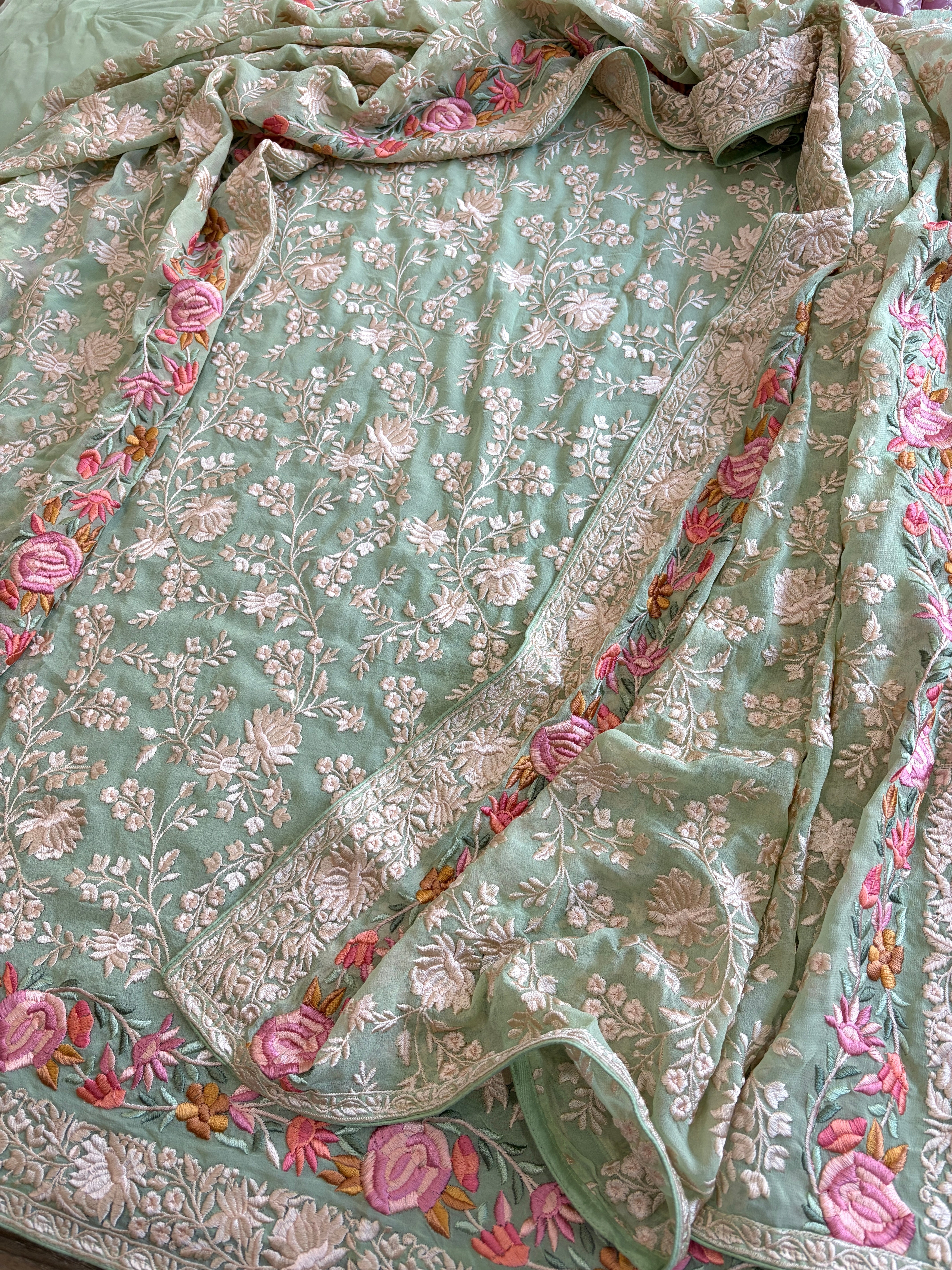 Green Suit Set with Parsi Gara Embroidery in Georgette - Masakalee