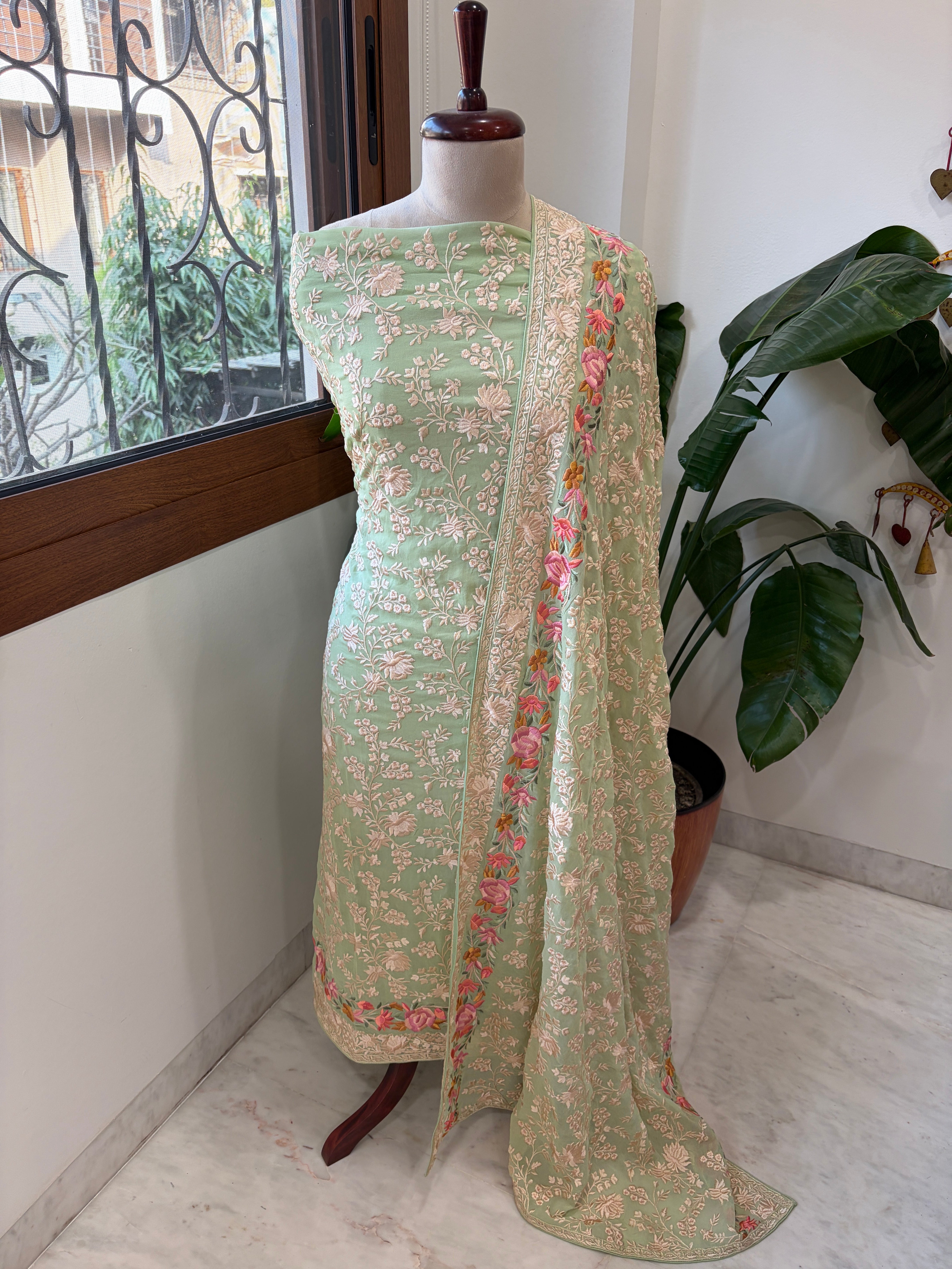 Green Suit Set with Parsi Gara Embroidery in Georgette - Masakalee