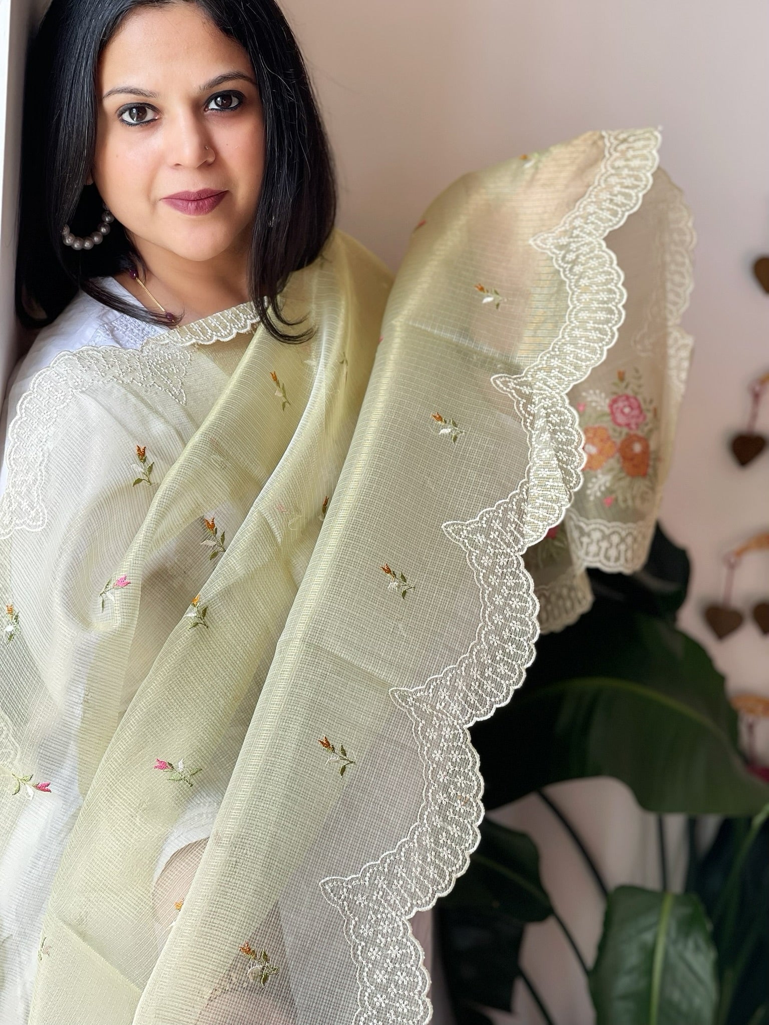 Green Tissue Organza Dupatta with cross - stitch embroidery - Masakalee