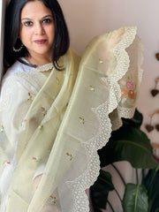 Green Tissue Organza Dupatta with cross - stitch embroidery - Masakalee