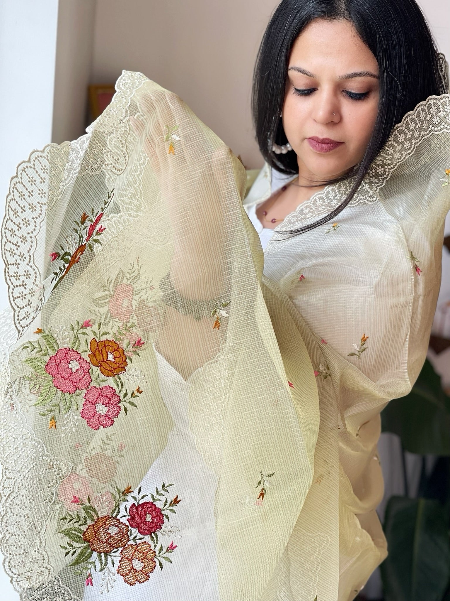 Green Tissue Organza Dupatta with cross - stitch embroidery - Masakalee