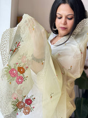 Green Tissue Organza Dupatta with cross - stitch embroidery - Masakalee