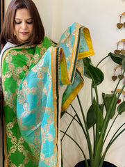 Green, Turquoise Chinon Dupatta with Gota Lace Work - Masakalee