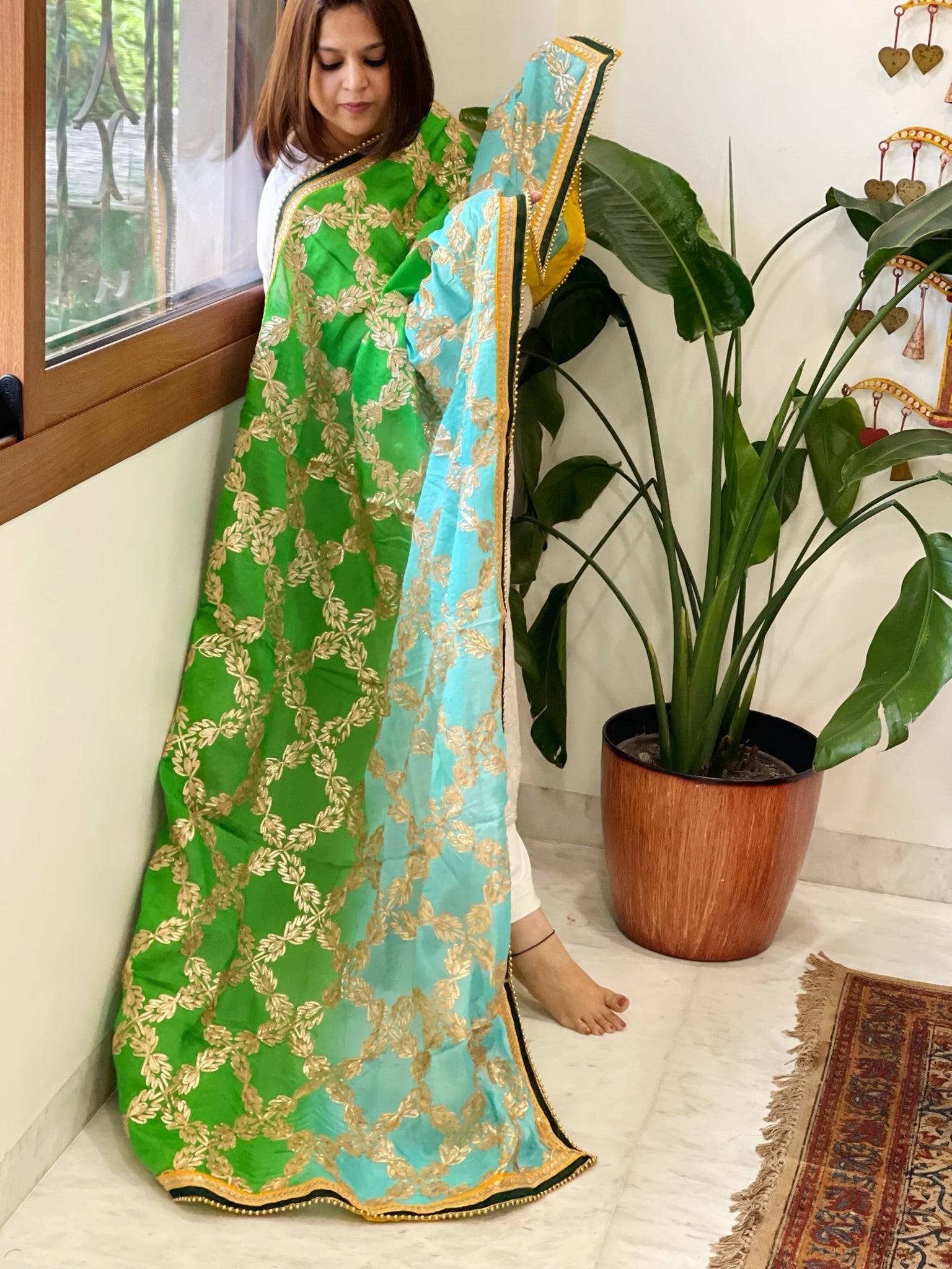 Green, Turquoise Chinon Dupatta with Gota Lace Work - Masakalee
