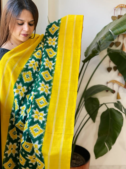 Green, Yellow Double Ikat Telia Rumal Dupatta in Cotton - Masakalee