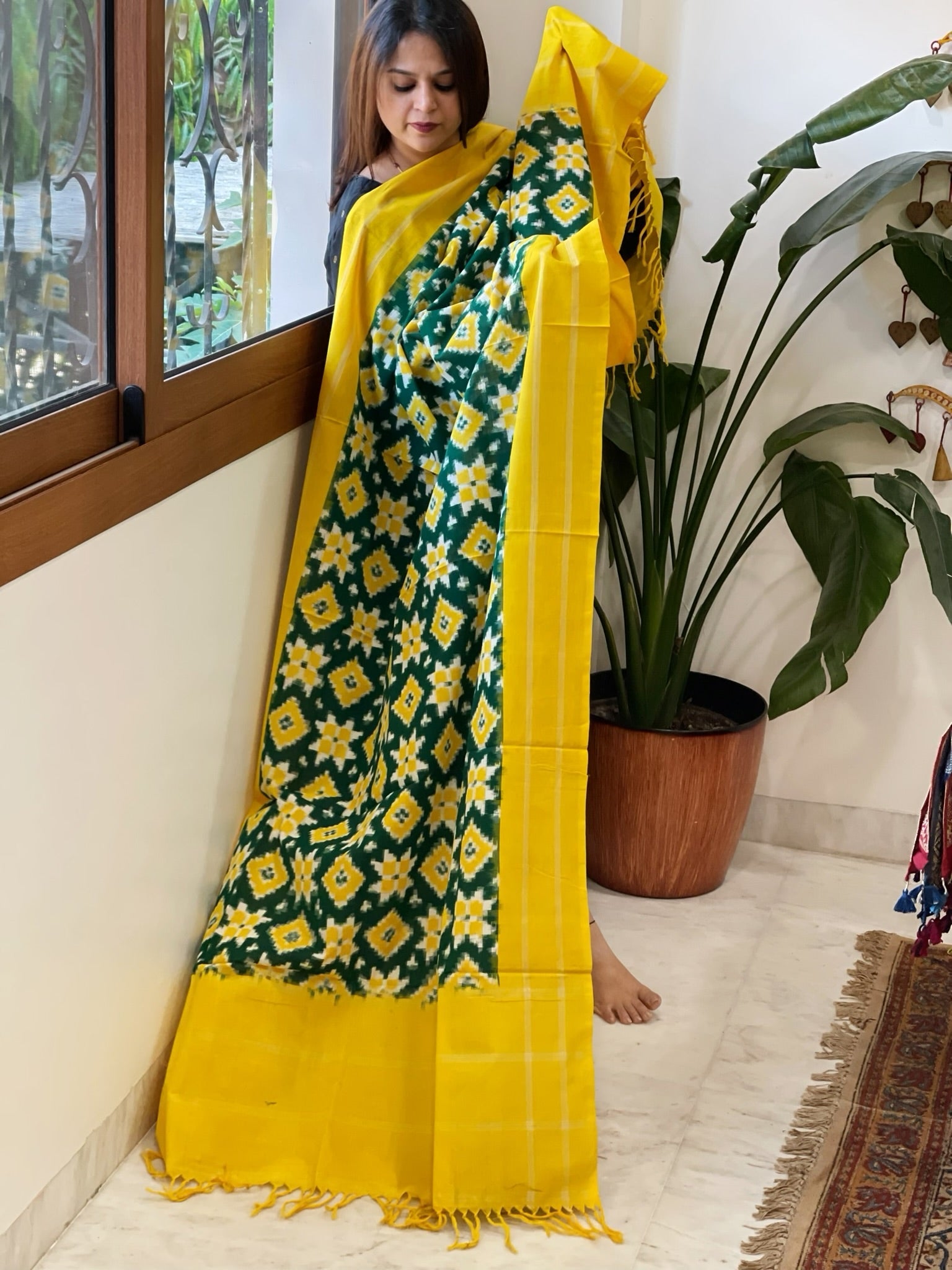 Green, Yellow Double Ikat Telia Rumal Dupatta in Cotton - Masakalee