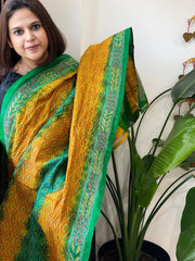 Green, Yellow Handmade Kantha Dupatta in Silk - Masakalee