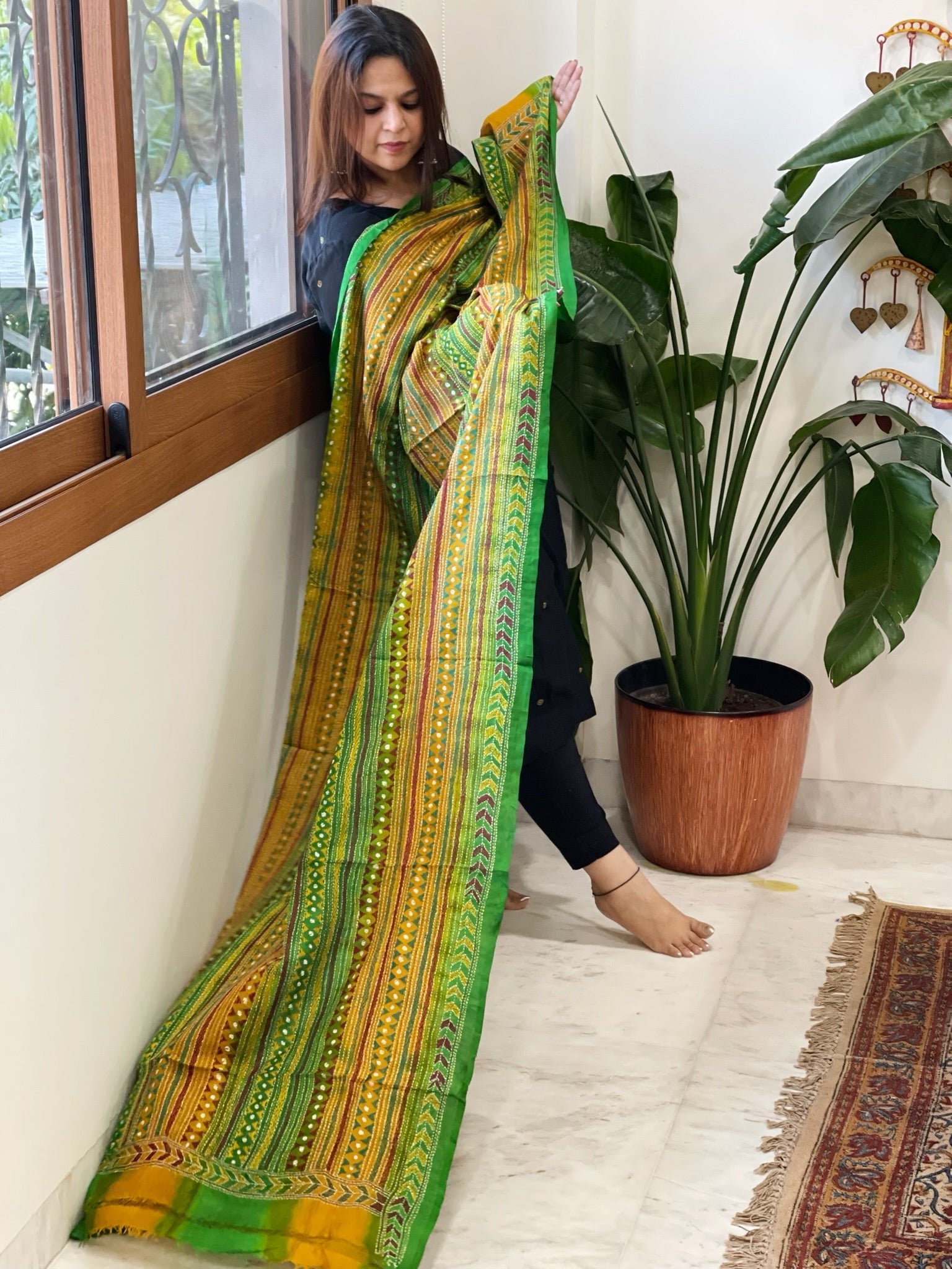 Green, Yellow Handmade Kantha Dupatta in Silk - Masakalee