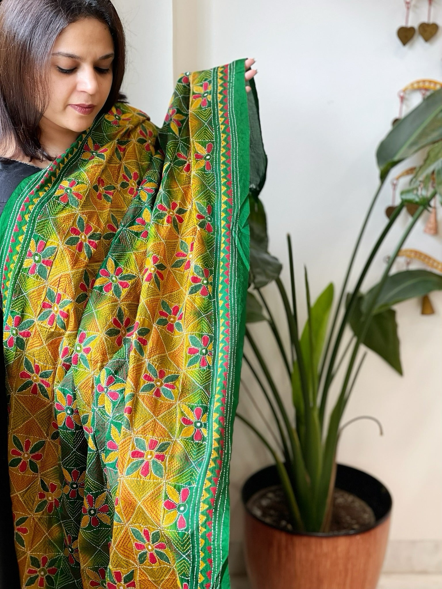 Green, Yellow Handmade Kantha Dupatta in Silk - Masakalee