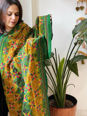 Green, Yellow Handmade Kantha Dupatta in Silk - Masakalee