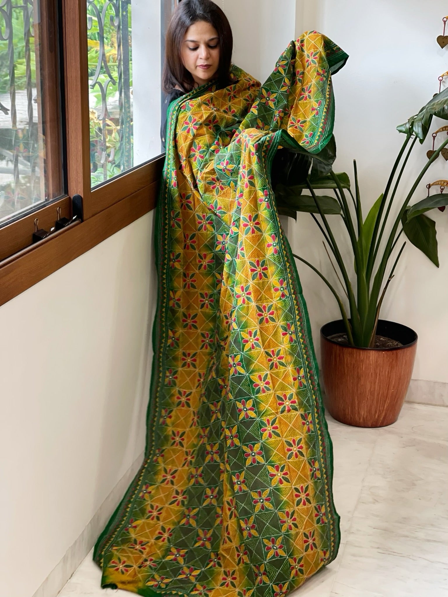 Green, Yellow Handmade Kantha Dupatta in Silk - Masakalee