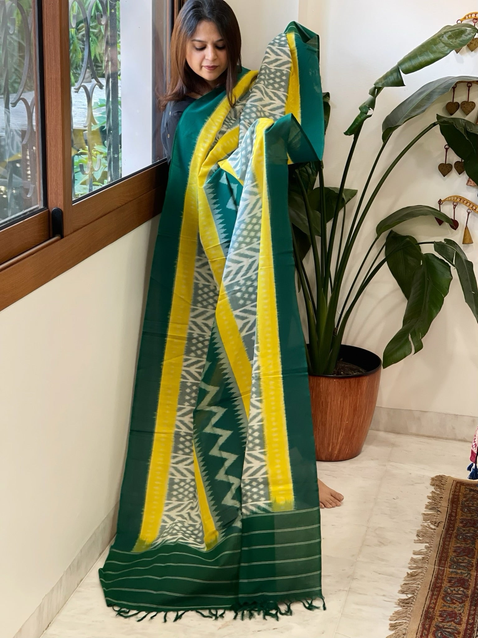 Green, Yellow Handwoven Ikat Dupatta in Cotton - Masakalee