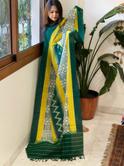 Green, Yellow Handwoven Ikat Dupatta in Cotton - Masakalee