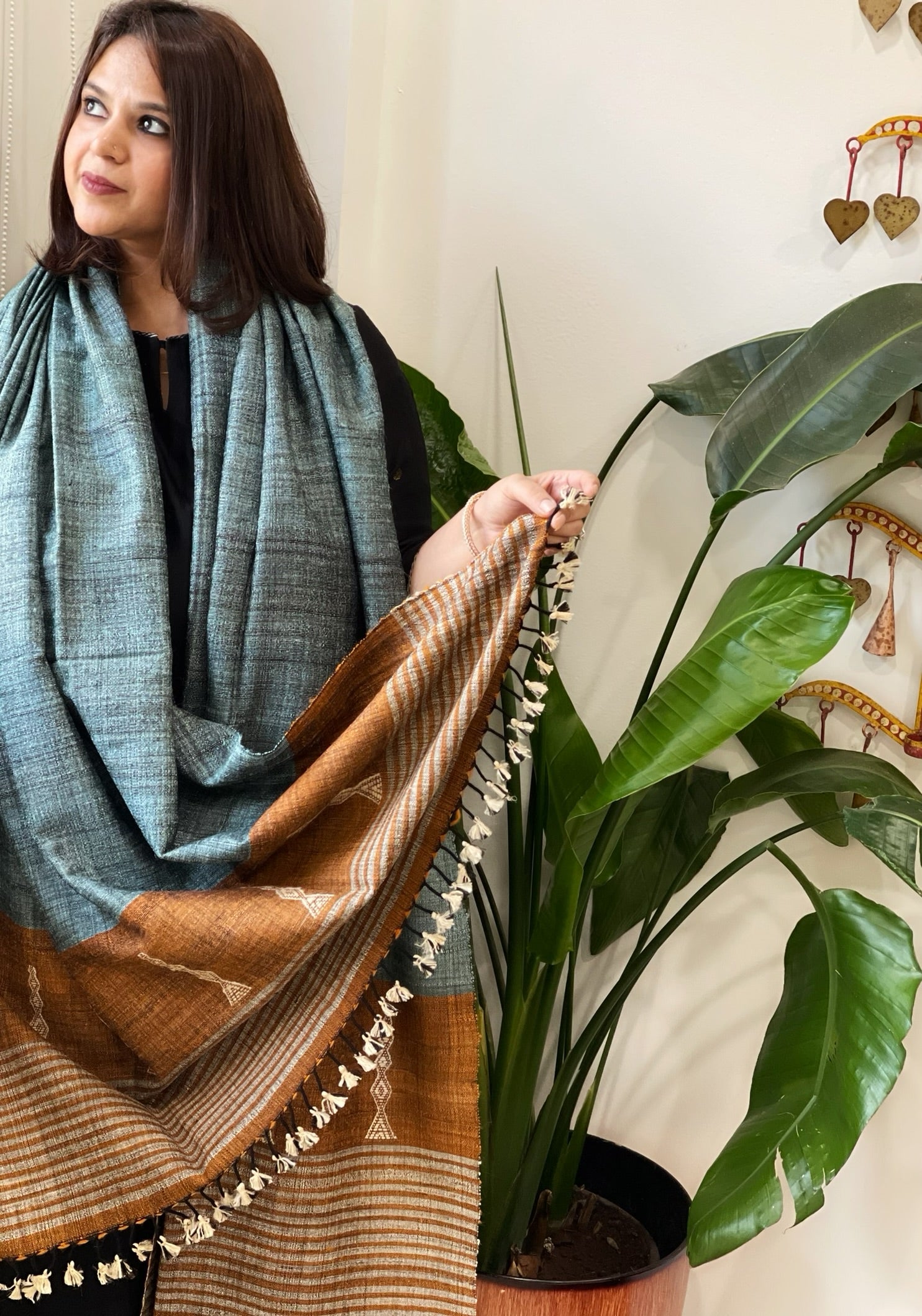 Greenish Blue Handwoven Bhujodi Shawl in Pure Tussar and Wool - Masakalee