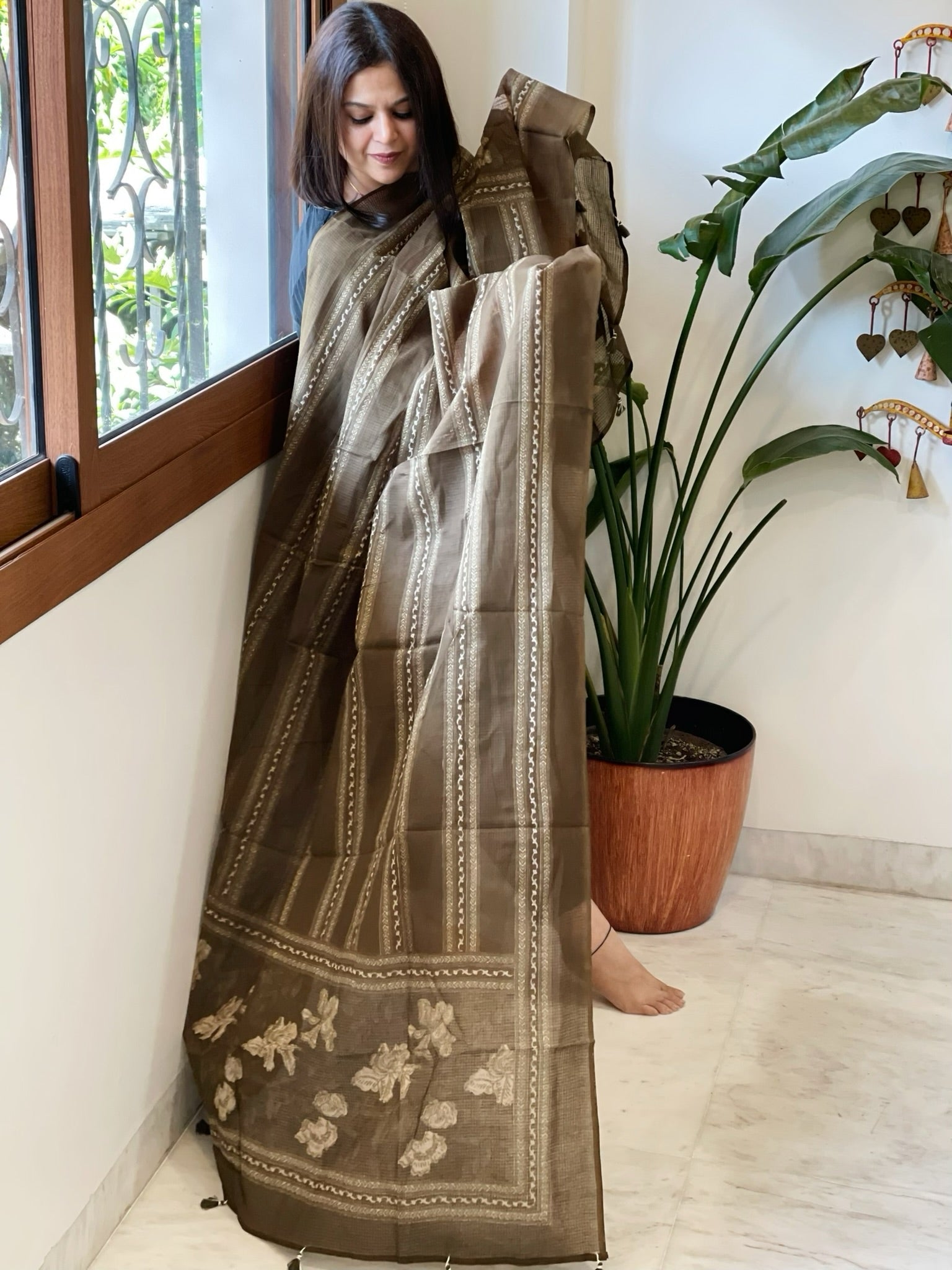 Greenish Gold Kota Cotton Handblock Printed Dupatta - Masakalee