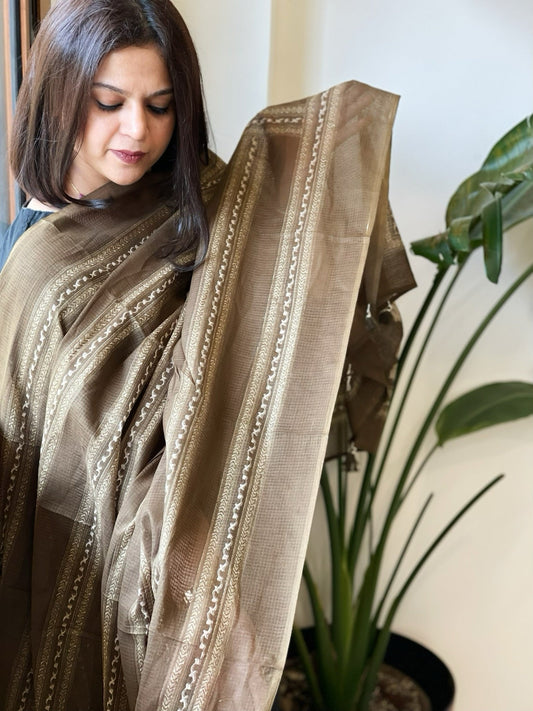 Greenish Gold Kota Cotton Handblock Printed Dupatta - Masakalee