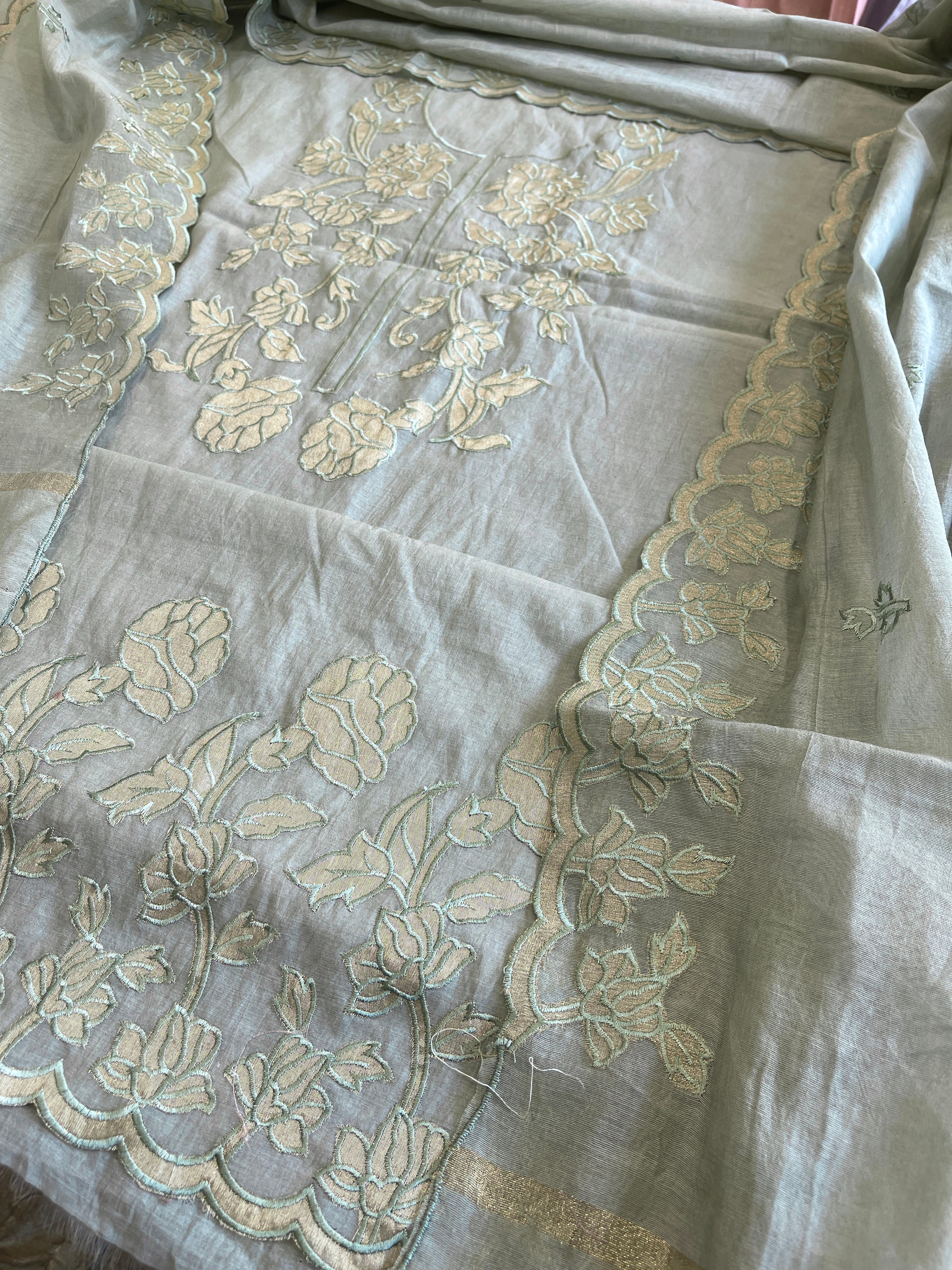 Greenish Grey Applique Suit Set in Mul Chanderi - Masakalee