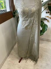 Greenish Grey Applique Suit Set in Mul Chanderi - Masakalee