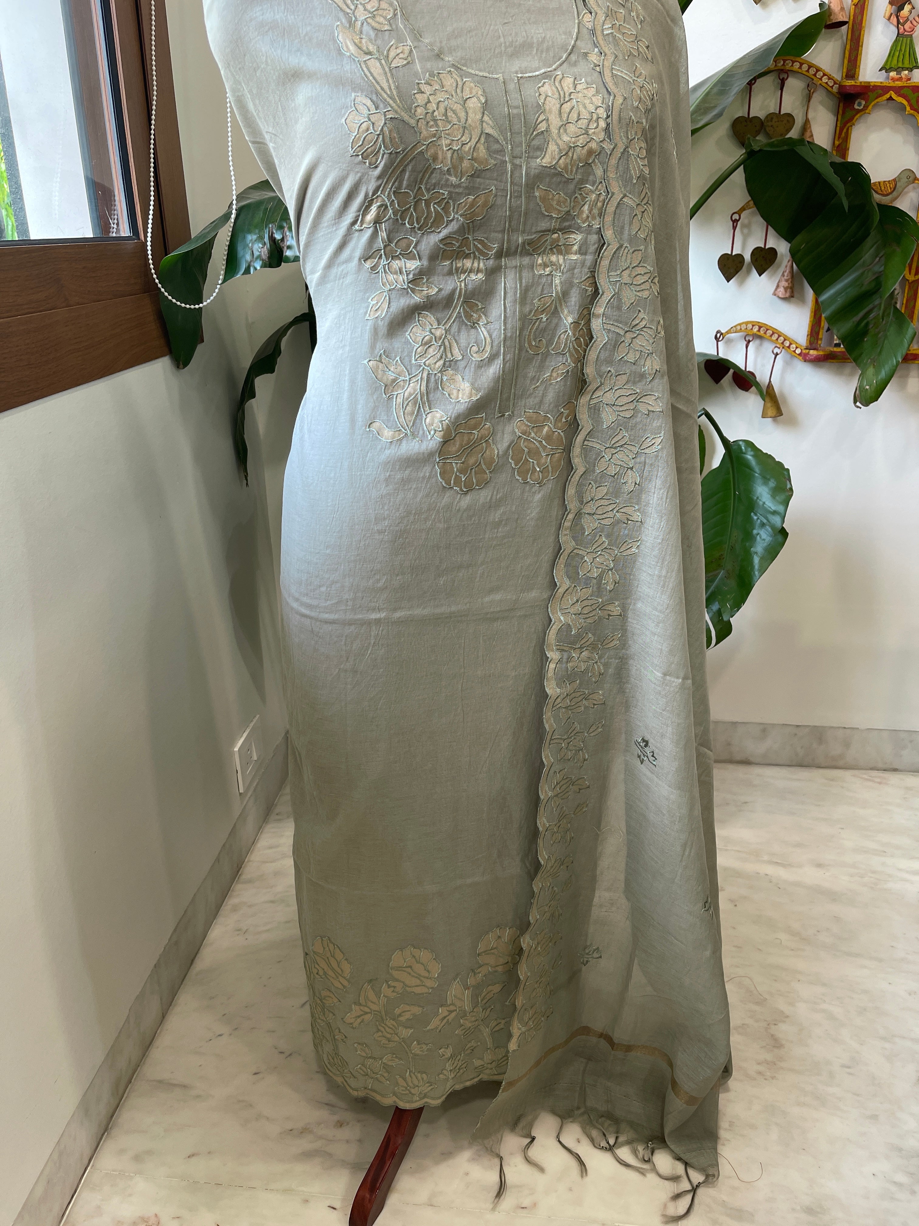 Greenish Grey Applique Suit Set in Mul Chanderi - Masakalee