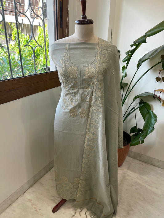 Greenish Grey Applique Suit Set in Mul Chanderi - Masakalee