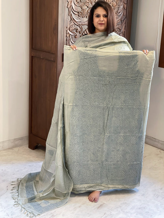 Greenish grey Suit Set with Lucknowi Handwork in Pure Tussar Silk - Masakalee