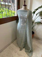 Greenish Grey Suit Set with Pearl, Cut Daana and Lucknowi Thread Handwork in Pure Mul Chanderi - Masakalee