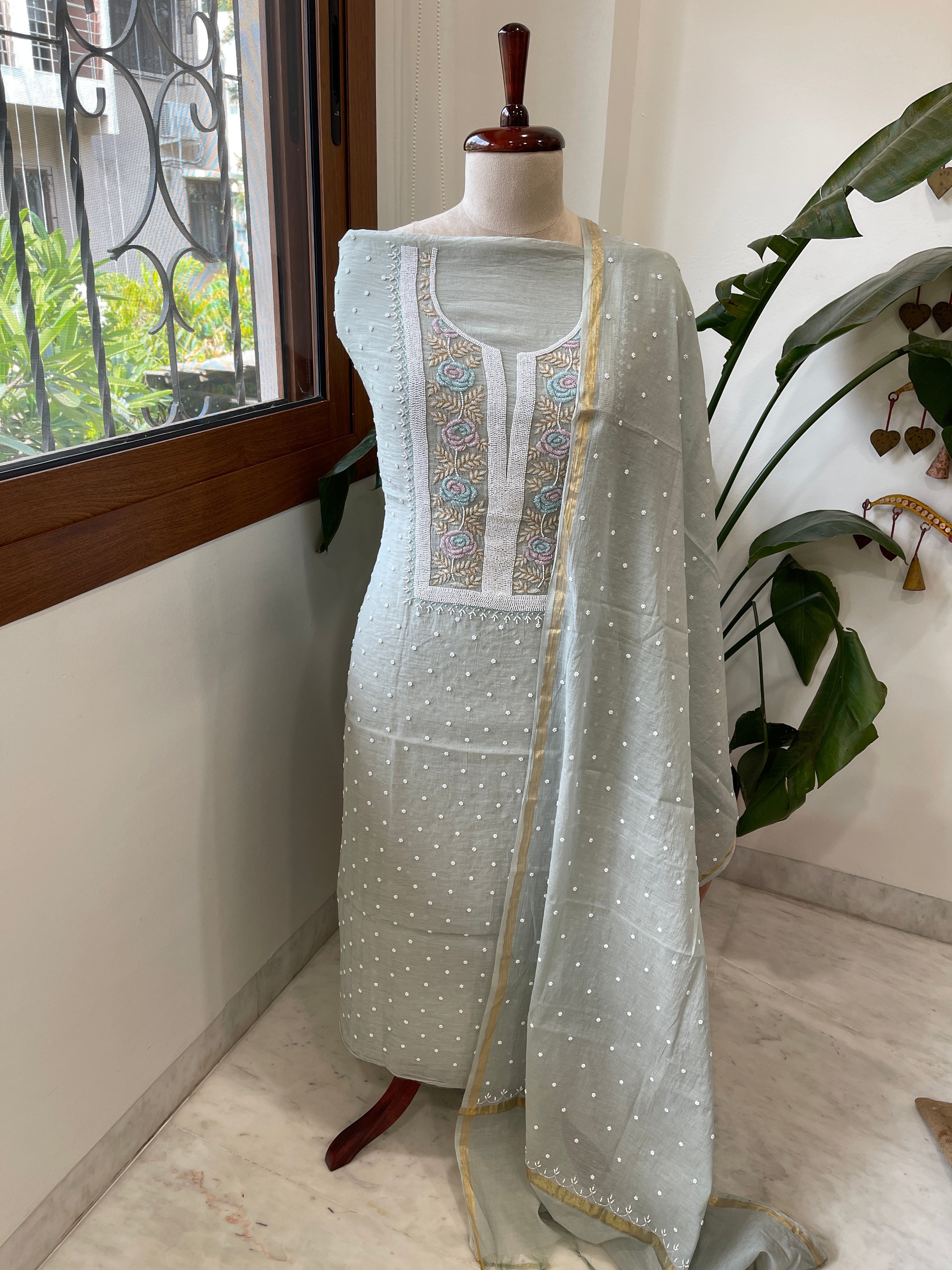 Greenish Grey Suit Set with Pearl, Cut Daana and Thread Handwork in Pure Mul Chanderi - Masakalee