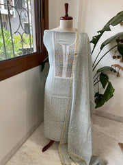 Greenish Grey Suit Set with Pearl, Cut Daana and Thread Handwork in Pure Mul Chanderi - Masakalee