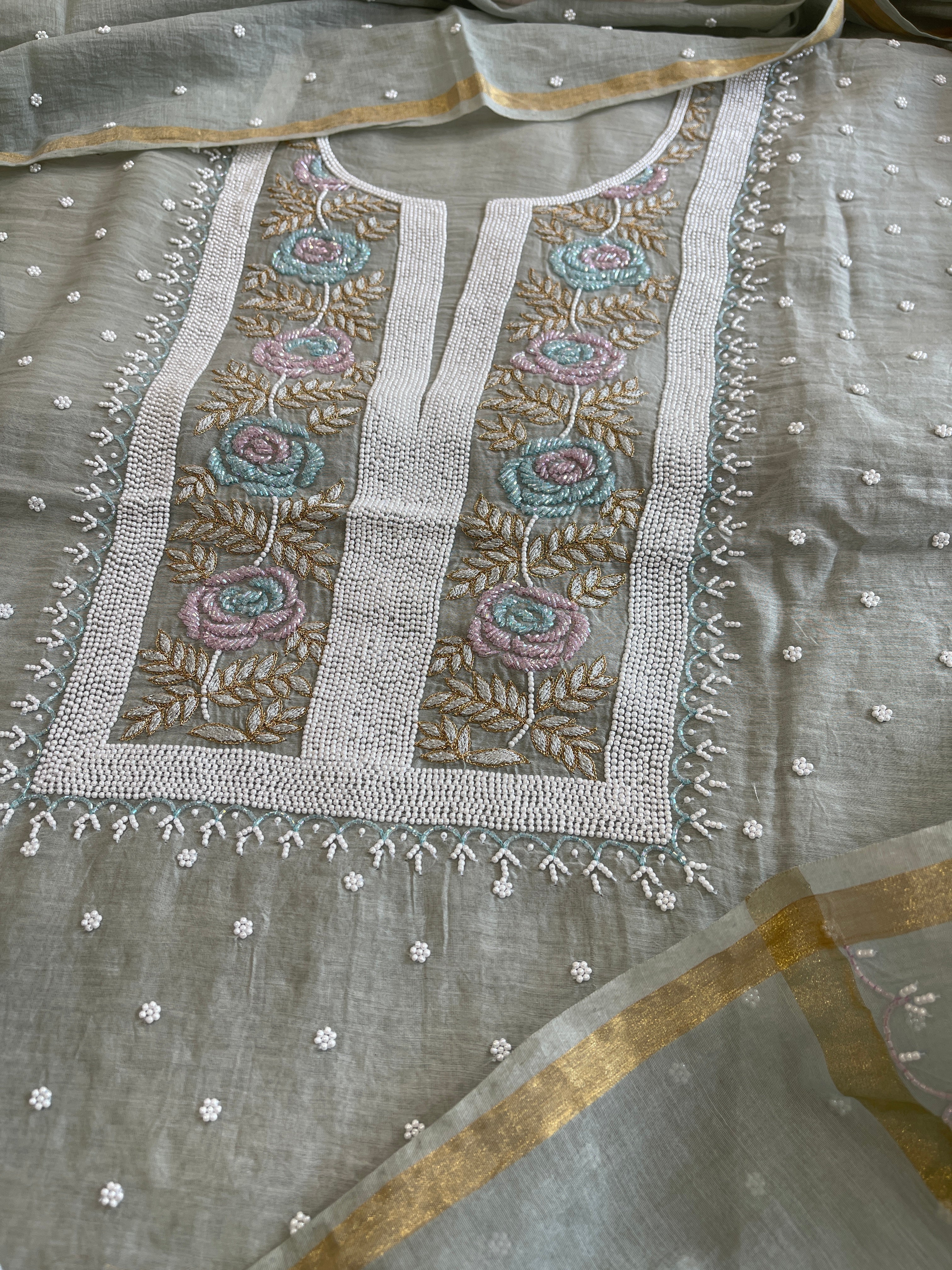 Greenish Grey Suit Set with Pearl, Cut Daana and Thread Handwork in Pure Mul Chanderi - Masakalee