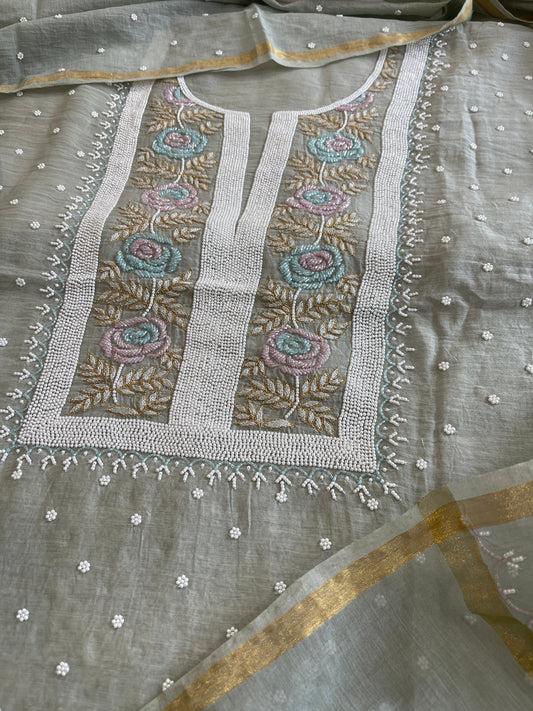 Greenish Grey Suit Set with Pearl, Cut Daana and Thread Handwork in Pure Mul Chanderi - Masakalee