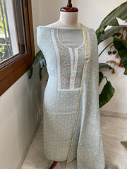 Greenish Grey Suit Set with Pearl, Cut Daana and Thread Handwork in Pure Mul Chanderi - Masakalee