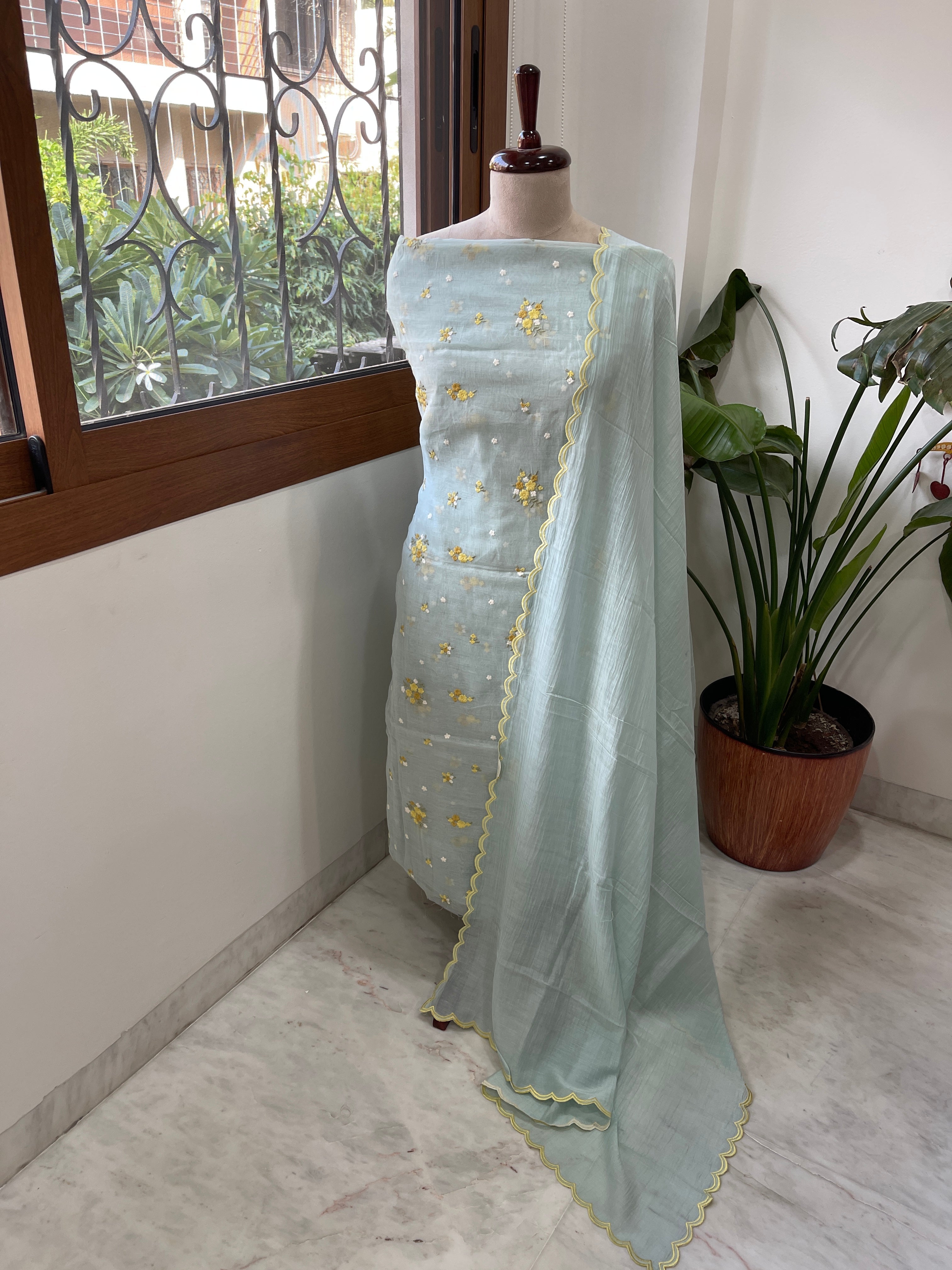Greenish Grey Suit Set with Thread Embroidery in Pure Mul - Masakalee