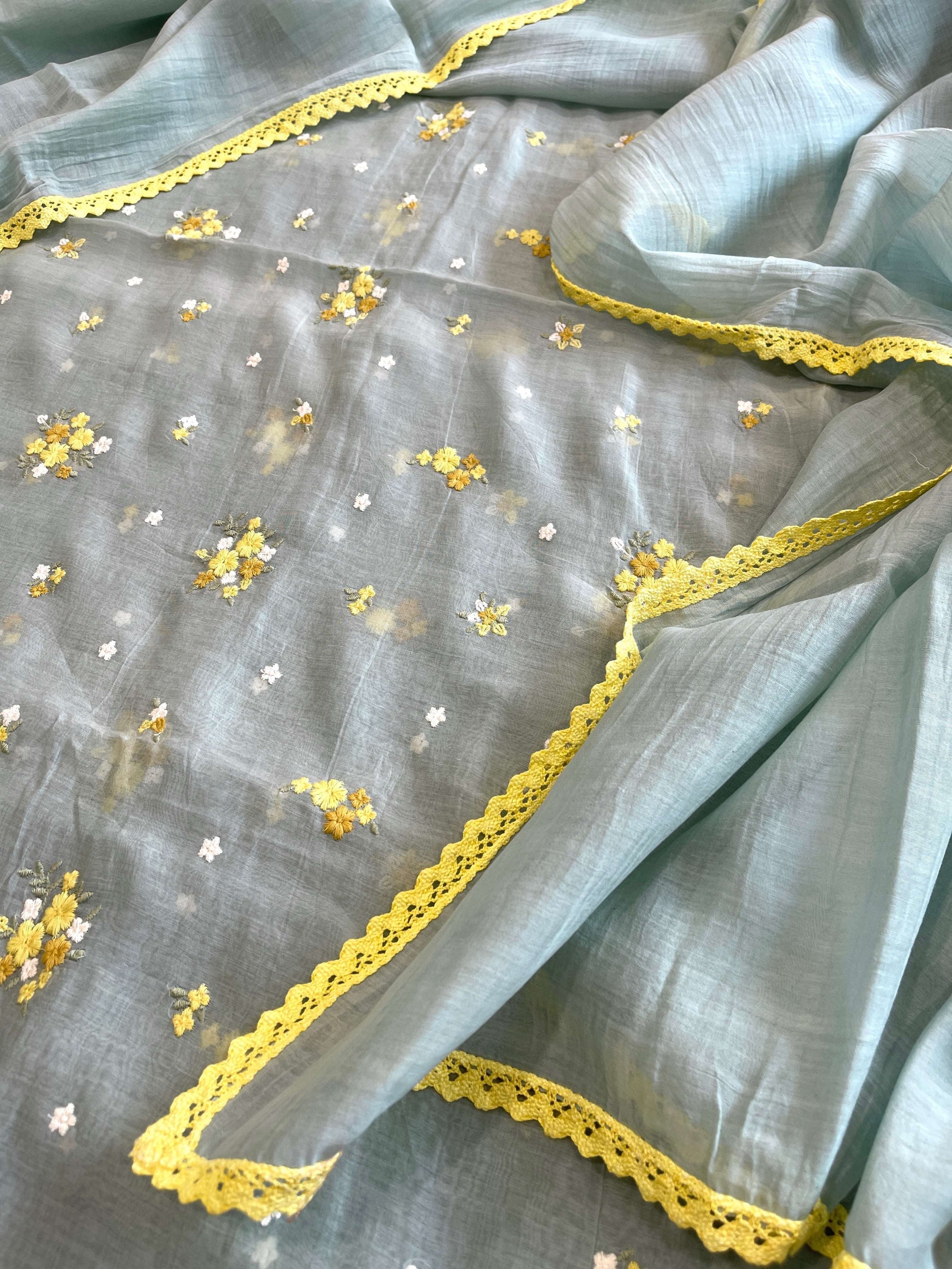 Greenish Grey Suit Set with Thread Embroidery in Pure Mul - Masakalee