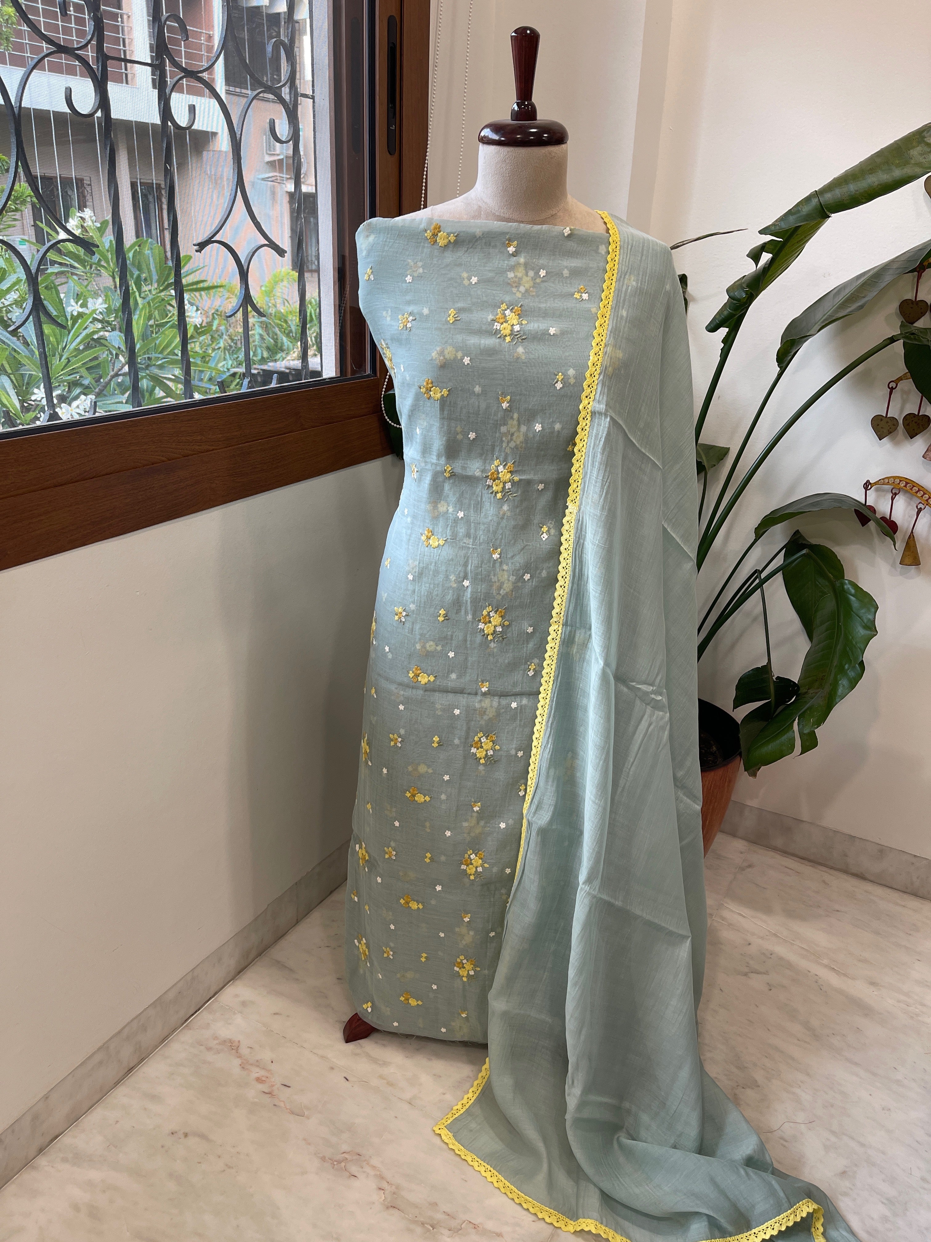 Greenish Grey Suit Set with Thread Embroidery in Pure Mul - Masakalee