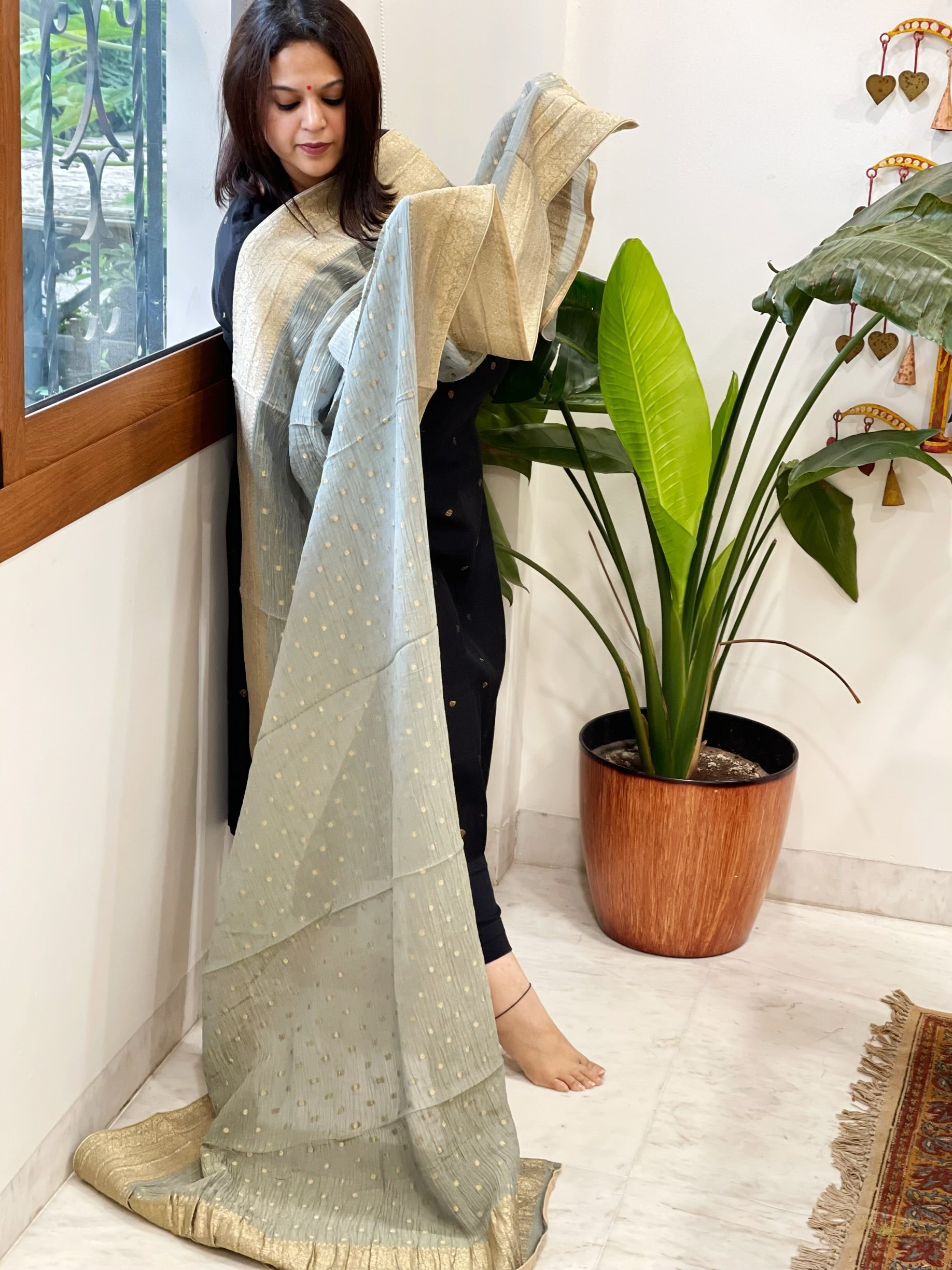Greenish Grey Woven Banarasi Dupatta in Tissue - Masakalee