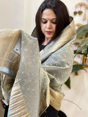 Greenish Grey Woven Banarasi Dupatta in Tissue - Masakalee