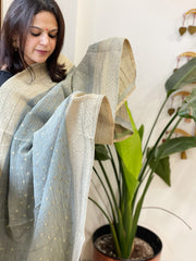 Greenish Grey Woven Banarasi Dupatta in Tissue - Masakalee