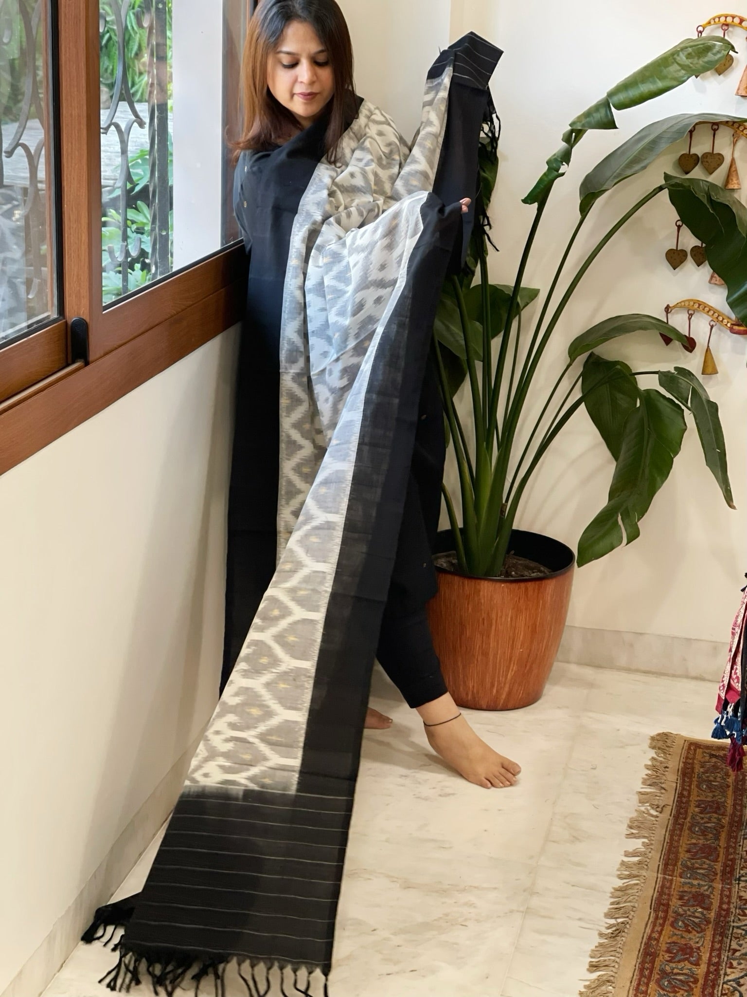 Grey, Black Handwoven Ikat Dupatta in Cotton - Masakalee