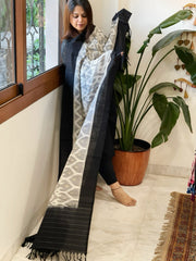 Grey, Black Handwoven Ikat Dupatta in Cotton - Masakalee
