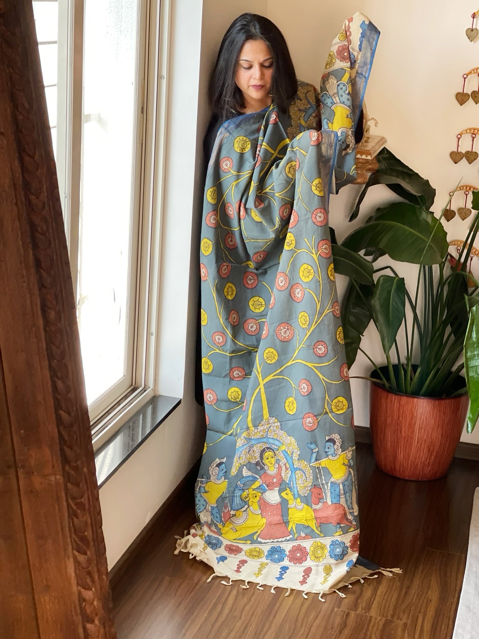 Grey Handpainted Kalamkari Dupatta in Cotton - Masakalee