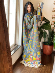 Grey Handpainted Kalamkari Dupatta in Cotton - Masakalee