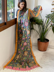 Grey Handpainted Kalamkari Dupatta with Thread & Mirror Handwork in Chanderi Silk - Masakalee
