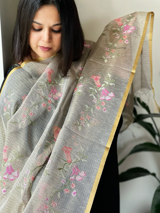 Grey Kota Organza Dupatta with cross - stitch Jaal embroidery - Masakalee